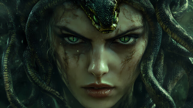 Medusa's curse and petrification. pretty intense gaze of greek mythology goddess queen medusa and her snake head. Medusa. Illustration