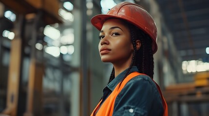 Young African American female construction apprentice in an industrial environment, ready for work, with copy space available.