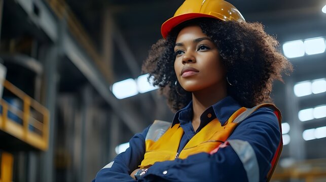 Female construction worker of mixed race, engaged in her electrician apprenticeship at a factory, with room for text.