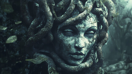 Mysterious medusa character in the forest. stone head. illustration. Medusa. Illustration