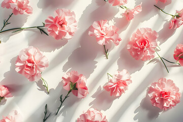 top view of pink carnations on white background with sunlight and shadows