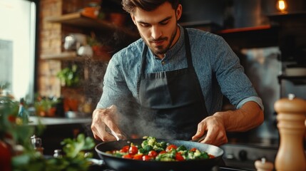 Man Cooking Vegetables in Rustic Kitchen