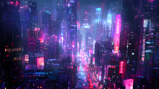 Neon-lit futuristic cityscape at night, alive with digital rain and towering buildings, evoking a sense of awe and wonder in a vibrant urban environment. Digital Rain. Illustration