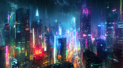 Naklejka premium Neon-lit futuristic cityscape at night, alive with digital rain and towering buildings, evoking a sense of awe and wonder in a vibrant urban environment. Digital Rain. Illustration