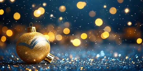 Golden Christmas Ornament on Sparkly Blue Background