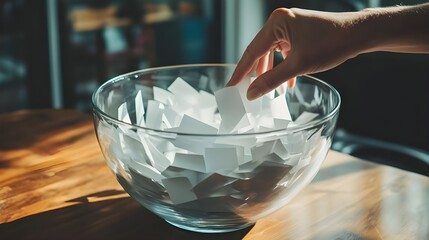 A hand is seen reaching into a glass bowl filled with white slips of paper, symbolizing different potential winners.