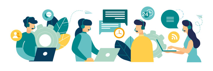 Call center, Customer service, hotline operators consult customers headsets on computers, 24 h, global online technical support, call processing system. design concept of online vector illustration