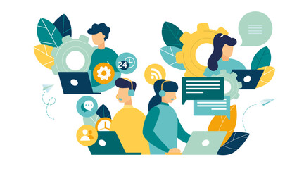 Customer service, hotline operators consult customers headsets on computers, 24 h, global online technical support, Call center, call processing system. Flat design concept of online education vector 