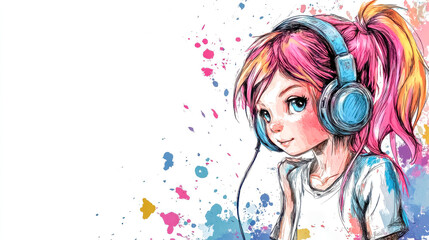 Young girl listening to music with headphones and colorful watercolor splashes