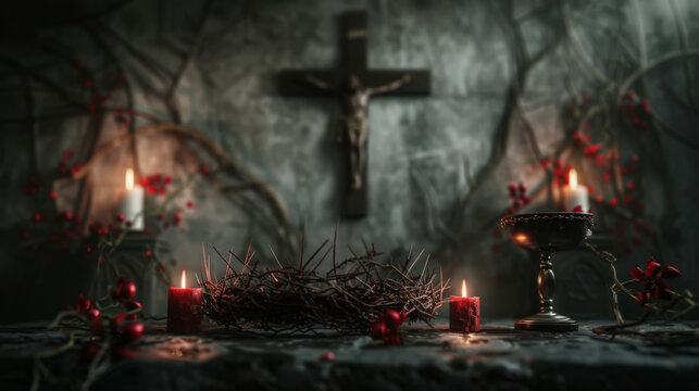 Good Friday Altar with Crown of Thorns and Candlelight