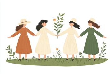 Minimalist vector illustration of four women standing hand in hand symbolizing unity friendship and connection in a calm nature inspired setting
