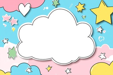 Colorful vector cartoon background features a white speech bubble and bright stars