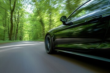 A black car moves rapidly on the road with motion blur and green trees