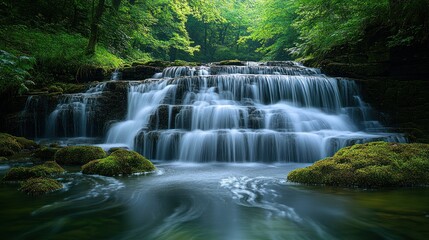 Obraz premium Serene cascading waterfall in lush green forest with smooth flowing water and mossy rocks.
