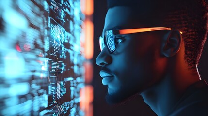 Black IT professional in profile analyzing cybersecurity data, surrounded by augmented reality and AI elements in a tech-themed illustration.