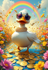 cartoon-style scene of a fabulously wealthy duck, vibrant field filled with fluttering dollar bills, wearing a lavish bling-bling gold chain, sunglasses, looking relaxed. Oversized coins, 