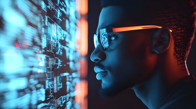 Black IT professional in profile analyzing cybersecurity data, surrounded by augmented reality and AI elements in a tech-themed illustration.