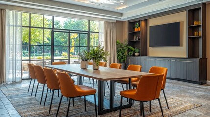 Fototapeta premium Modern Conference Room with Orange Chairs