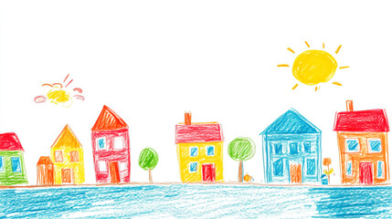 Child's drawing of colorful houses along a riverbank