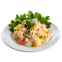 Fresh vegetable salad with creamy dressing, garnished with parsley, served on a white plate, perfect for healthy eating and vegetarian cuisine concepts