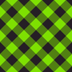 Halloween neon green gingham check Raster pattern. Diagonal checkered Halloween seamless pattern in neon green, black.