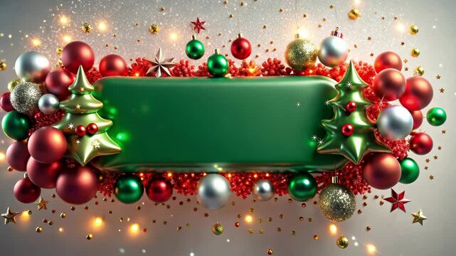 Vibrant holiday maximalist banner featuring green centerpiece surrounded by shiny ornaments, baubles, and glittering lights. perfect for festive decorations or themed designs for christmas season.