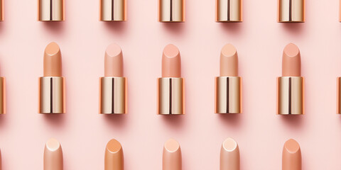 Obraz premium Elegant nude lipsticks, neatly arranged, gold packaging, pink background, beauty, modern design, cosmetics concept