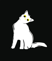 Abstract white cat sitting and looking, staring. Doodle sketch style. Cute, adorable animal character. Hand drawn Vector illustration. Isolated design element. Logo, icon, print, design template.