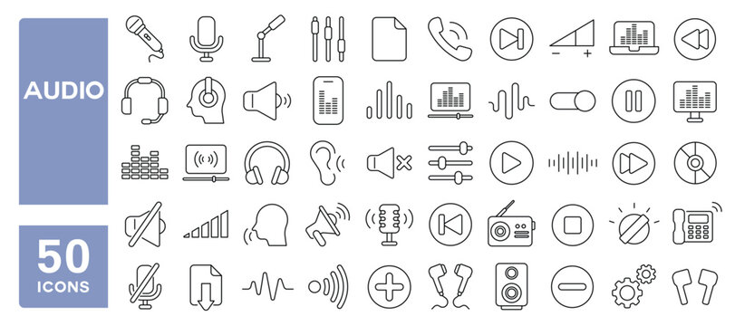 Set of 50 line icons related to audio, volume, sound, equalizer, speaker, headphone, mic, megaphone, frequency, voice, record, microphone, Editable stroke. Vector illustration