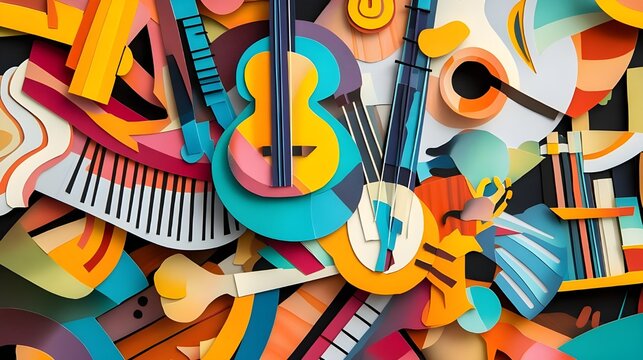 Colorful abstract collage showcasing cutout images of musical instruments in an artistic composition.