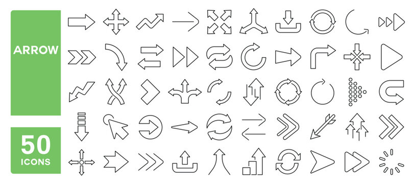 Set of 50 line icons related to arrow, cursor, direction, next, forward, navigation, pointer, Editable stroke. Vector illustration