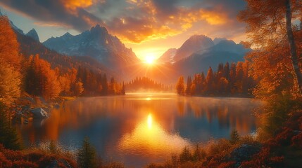 Fototapeta premium Stunning sunrise over a tranquil mountain lake with colorful autumn foliage.