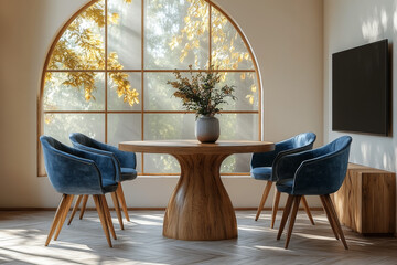 A modern, minimalist-style dining room with an empty wall mockup, featuring a round table and blue chairs in front of the TV on the right side, set against light beige walls.