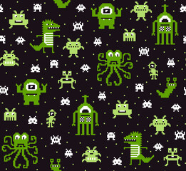 Halloween pixel monsters neon green Vector pattern. Funny 8bit pixels crazy monsters in neon green and black, pixel octopus, pixel robot, pixel alien, pixel crocodile, pixel frog, pixel bug.