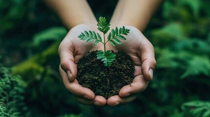 Hands Holding a Small Sapling with Soil