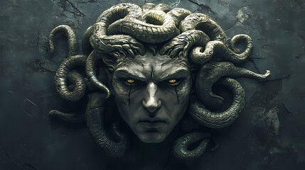The classic depiction of the head of the gorgon medusa from ancient mythology. a gloomy awesome look horror fright. Medusa. Illustration