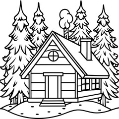 Cozy Cabin Outline with Snowy Roof and Forest Backdrop vector