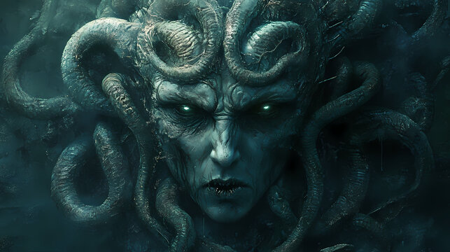 The classic depiction of the head of the gorgon medusa from ancient mythology. a gloomy awesome look horror fright. Medusa. Illustration