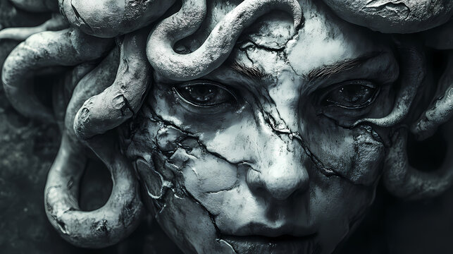 The classic depiction of the head of the gorgon medusa from ancient mythology, a gloomy awesome look horror fright. generative ai technology. Medusa. Illustration