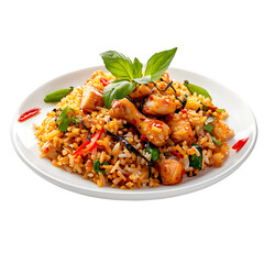Fototapeta premium Delicious platter of zesty chicken fried rice topped with fragrant basil leaves, colorful veggies, and spices, making a beautiful and tasty meal