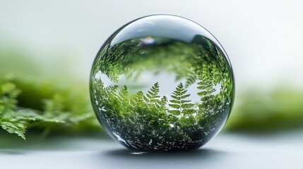 Crystal Ball Reflecting Lush Green Ferns and Serenity of Nature