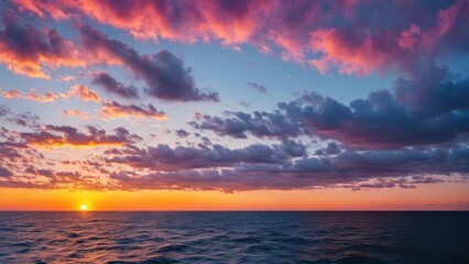 A serene sunset over the ocean, with vibrant clouds reflecting warm colors.