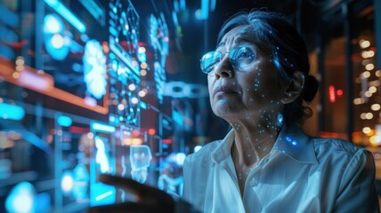 Fototapeta premium A focused female scientist studies complex data on a futuristic digital interface, showcasing advanced technology, innovation, and expertise in scientific research.