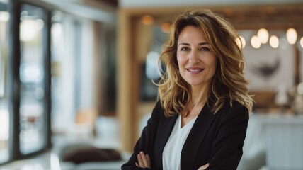 Fototapeta premium A confident, smiling businesswoman in a modern office setting, dressed in professional attire, exuding leadership and success.