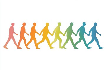 Fototapeta premium Minimalist illustration of individuals walking in a gradient of rainbow colors symbolizing unity diversity and forward movement in a simple modern composition