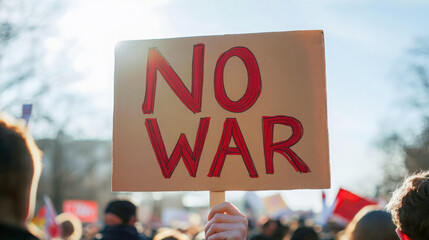 Protester holding a cardboard sign with "No War" written in red letters during a peaceful demonstration against conflict and violence