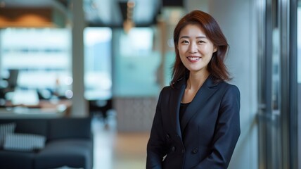 A confident businesswoman smiling warmly in a modern office, dressed in professional attire, exuding leadership and success.