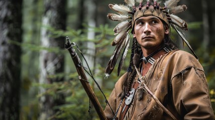 A young Algonquin male hunter in traditional attire tracking game in a dense forest, appearing focused and resourceful.
