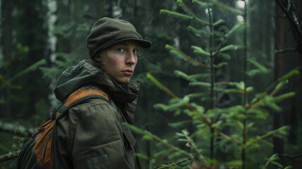 Obraz premium A young Finnish male forester, looking focused and determined, surveys the trees in a dense forest, demonstrating environmental expertise and dedication.