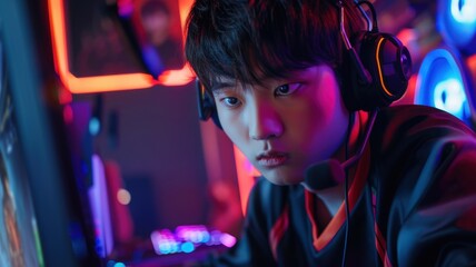 Fototapeta premium A young Korean male gamer sits in a high-tech gaming setup, looking intensely focused as he plays an online game, showcasing competitive gaming and digital skills.